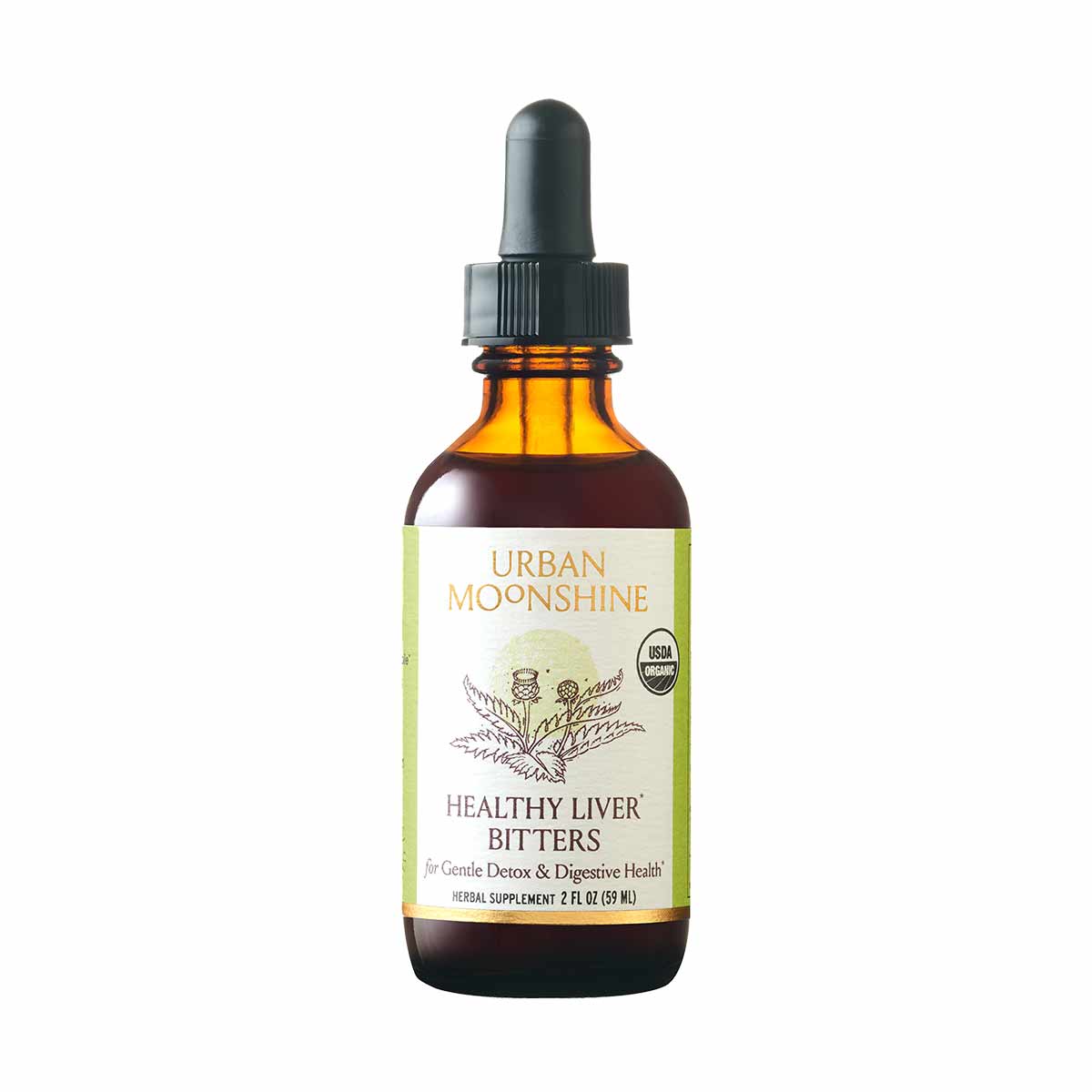 Brown glass dropper bottle with black cap labeled "Urban Moonshine Healthy Liver Bitters," 2 fl oz herbal supplement.