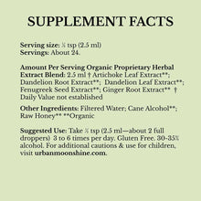 Supplement Facts label for Healthy Liver Bitters on pale green background with black text listing ingredients and usage instr