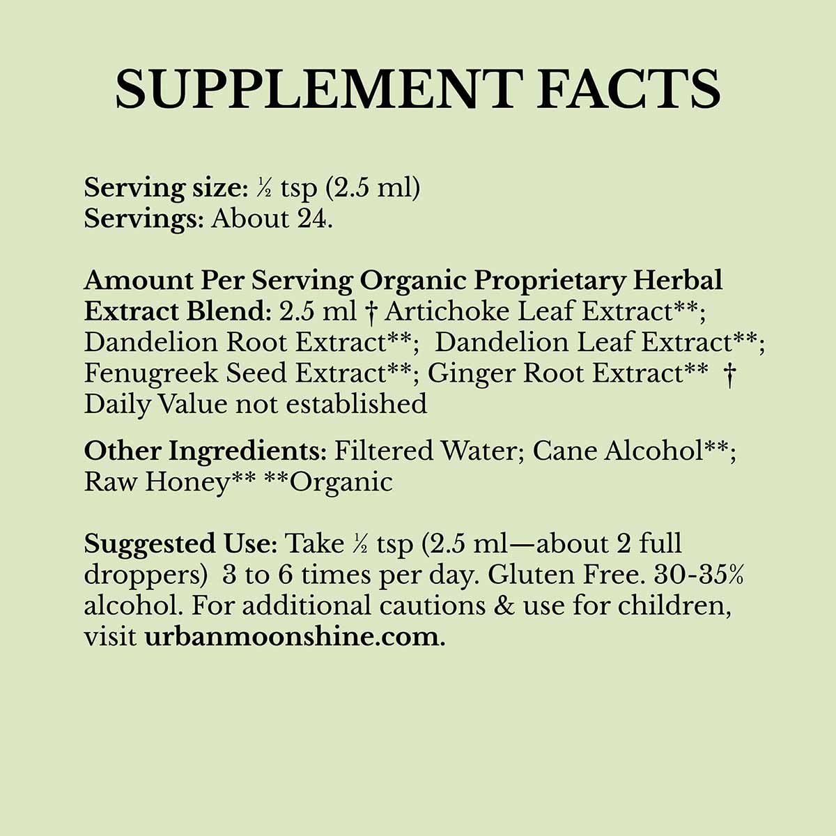 Supplement Facts label for Healthy Liver Bitters on pale green background with black text listing ingredients and usage instr