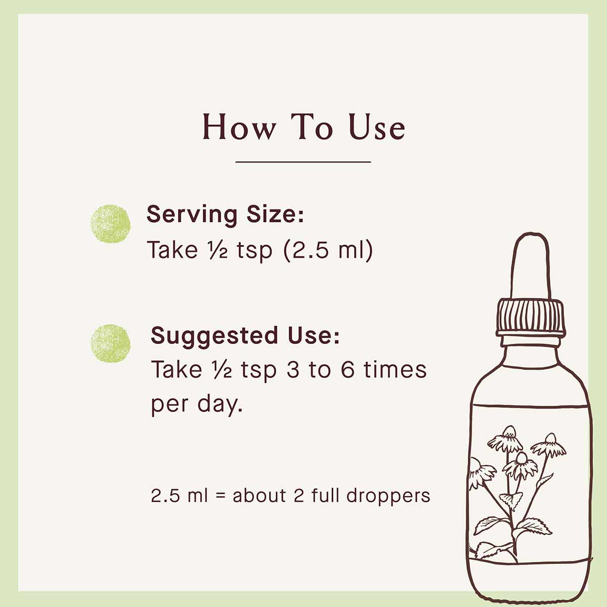 Instruction label for herbal bitters showing serving size of 1/2 teaspoon and suggested use of 3 to 6 times daily.