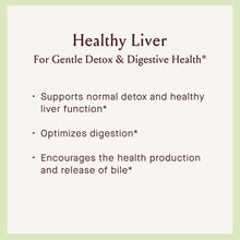 Healthy Liver product information card with text describing detox and digestive health benefits on cream background with gree
