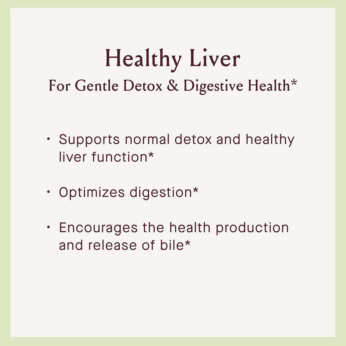 Healthy Liver product information card with text describing detox and digestive health benefits on cream background with gree