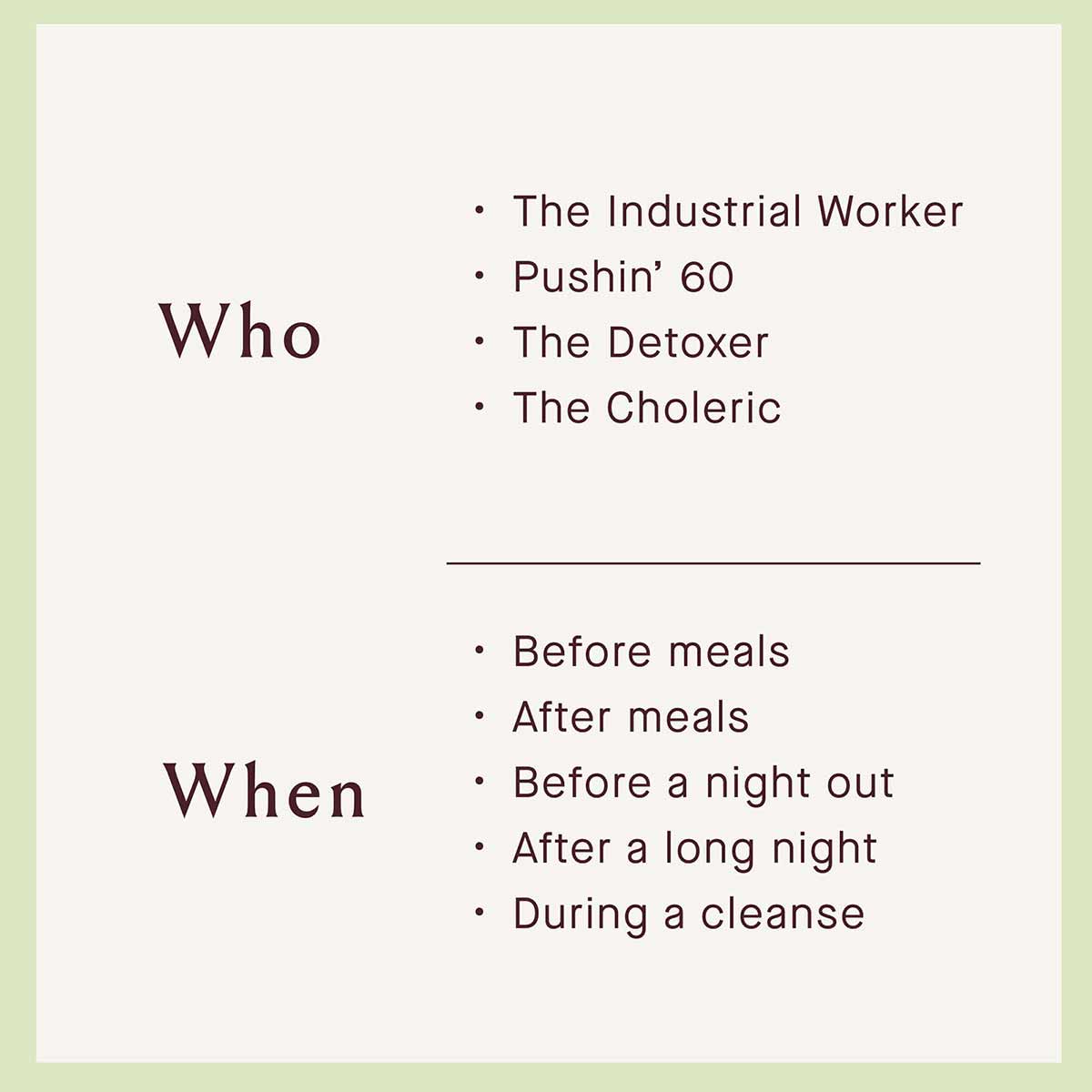 Infographic displaying "Who" and "When" guidance text for Urban Moonshine Healthy Liver Bitters usage recommendations.