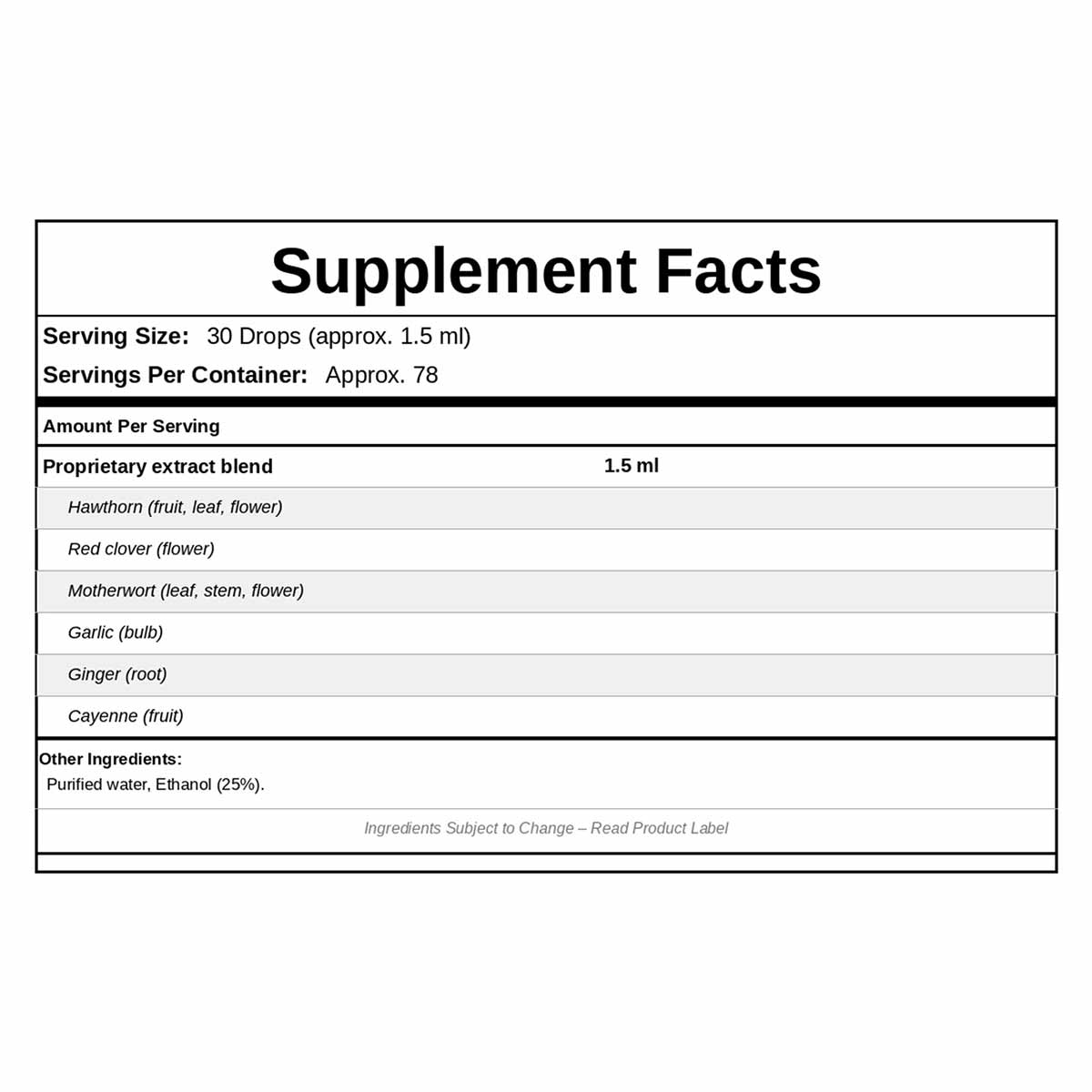Supplement Facts label for Heart Formula showing serving size of 30 drops with proprietary blend ingredients including hawtho