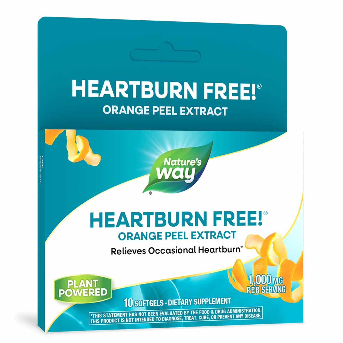 Heartburn Free orange peel extract softgels by Nature's Way, 10 count dietary supplement package with teal and white design.
