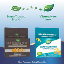 Heartburn Free by Nature's Way packaging comparison showing brown original packaging on left and new teal packaging on right,