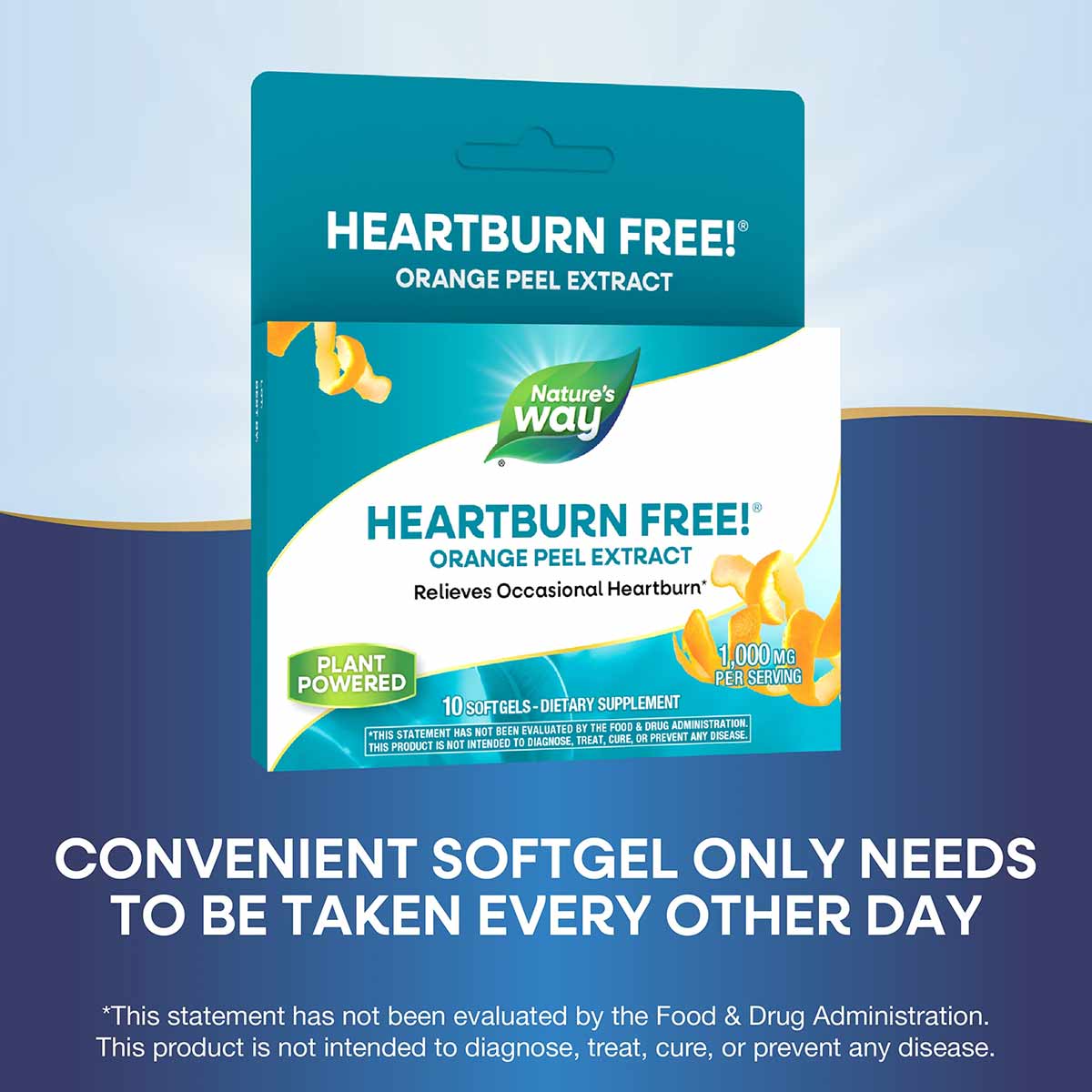 Heartburn Free orange peel extract softgel package by Nature's Way with 10 softgels, 1,000mg per serving.