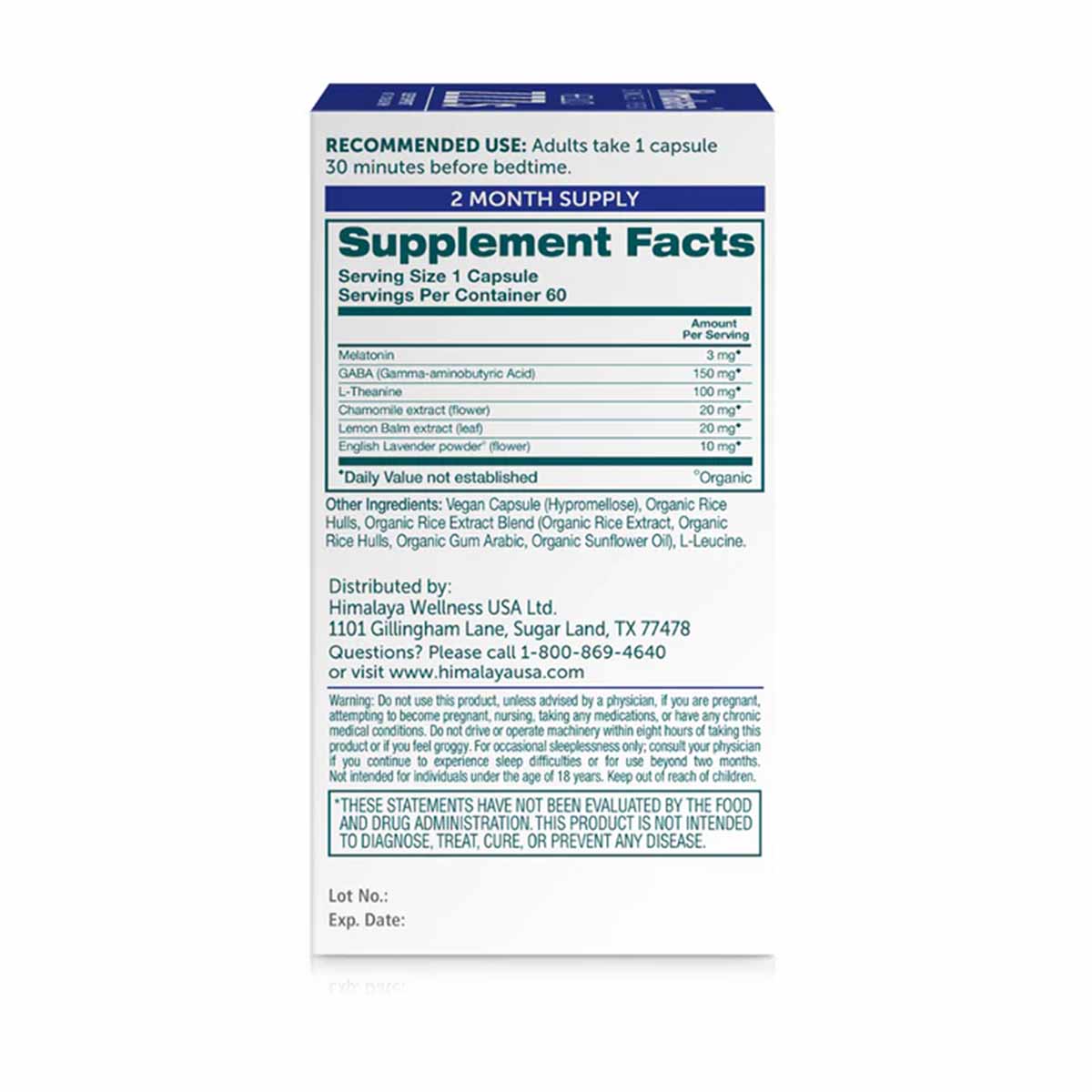 Back of Hello ZZZs supplement bottle showing Supplement Facts panel with melatonin, GABA, L-theanine, and herbal ingredients 