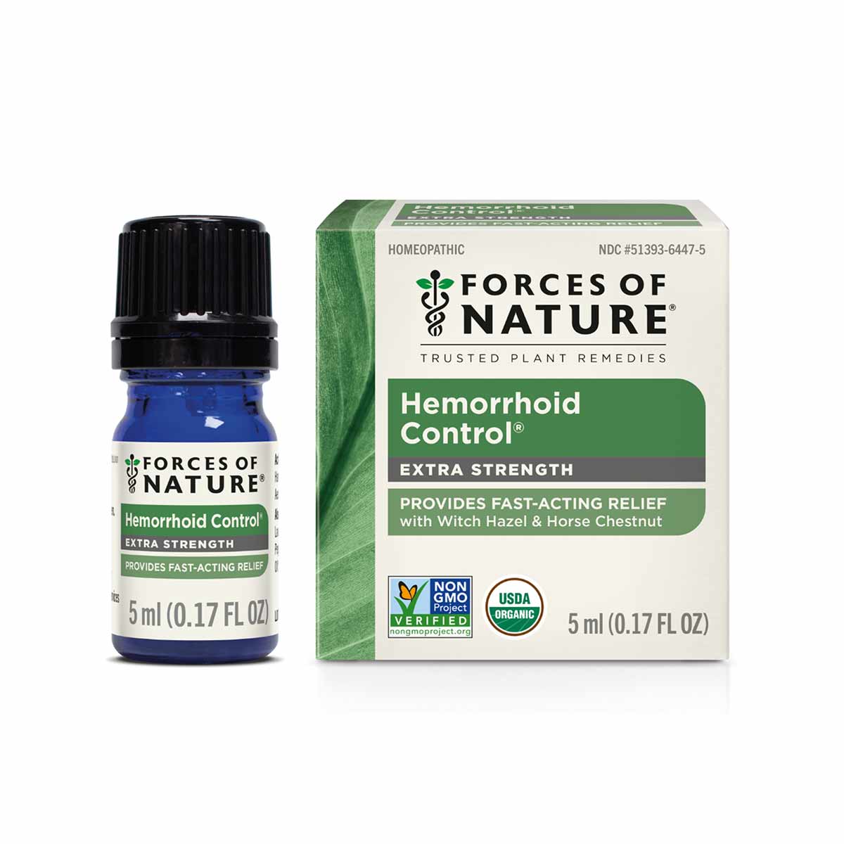 Blue glass bottle with black cap next to green and cream box labeled "Hemorrhoid Control Extra Strength" by Forces of Nature,