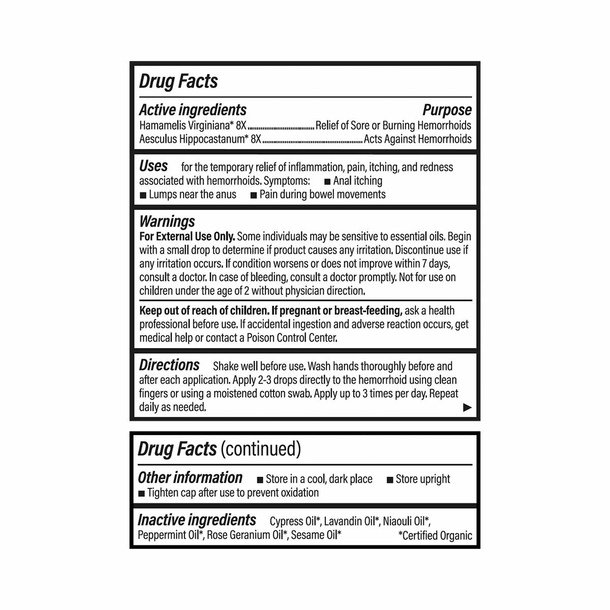 Drug Facts label for Forces Of Nature Hemorrhoid Control Extra Strength, listing active and inactive ingredients, uses, warni