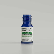 Blue glass bottle with white label reading "Forces of Nature Hemorrhoid Control Extra Strength," 5 ml size.