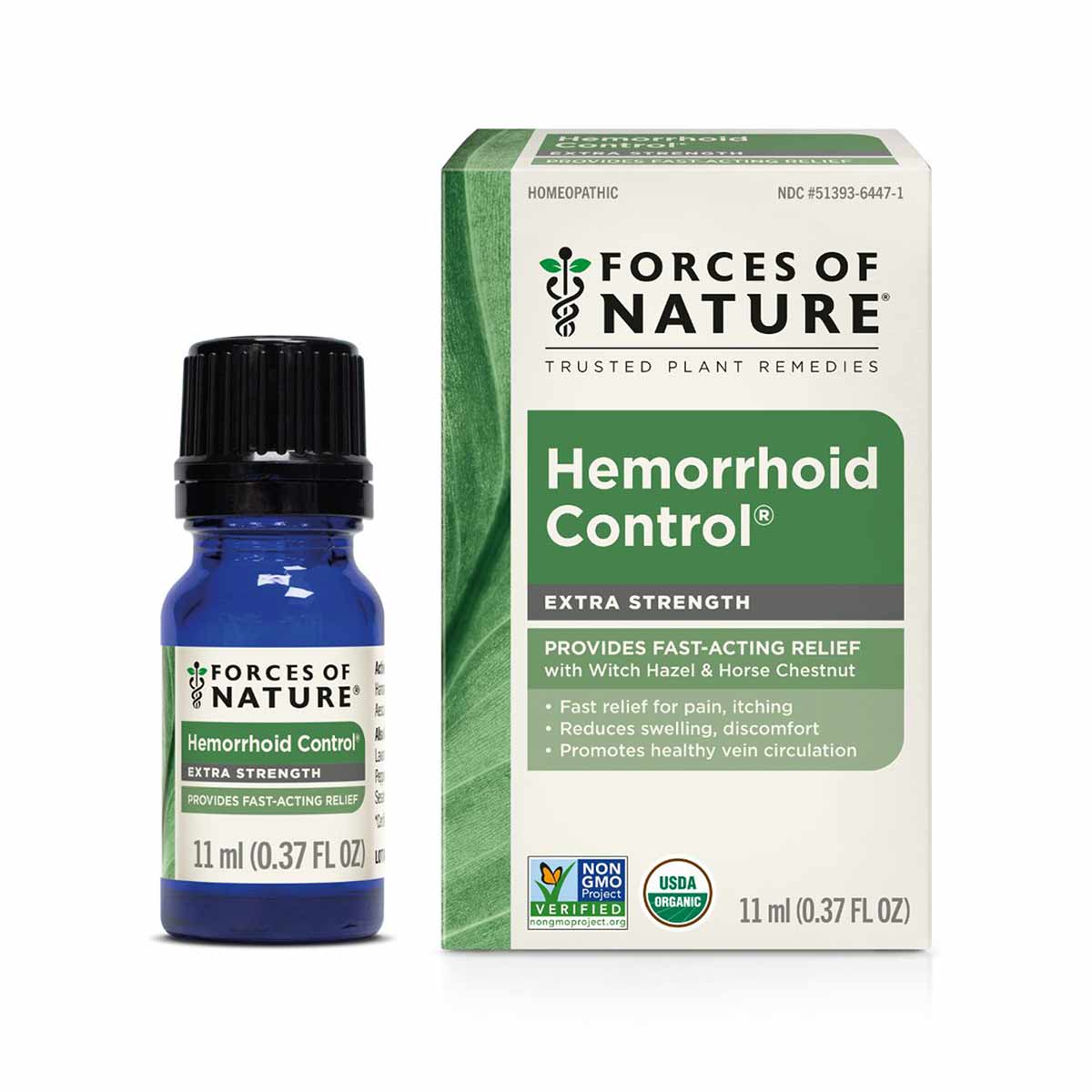 Blue glass bottle with black cap and product box labeled Hemorrhoid Control Extra Strength by Forces of Nature, 11 ml.