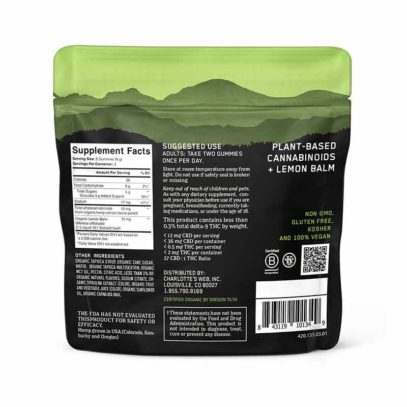 Hemp Extract-Infused Gummies Calm Lemon Lime Flavor, 6 Gummies, by Charlottes Web, image #2