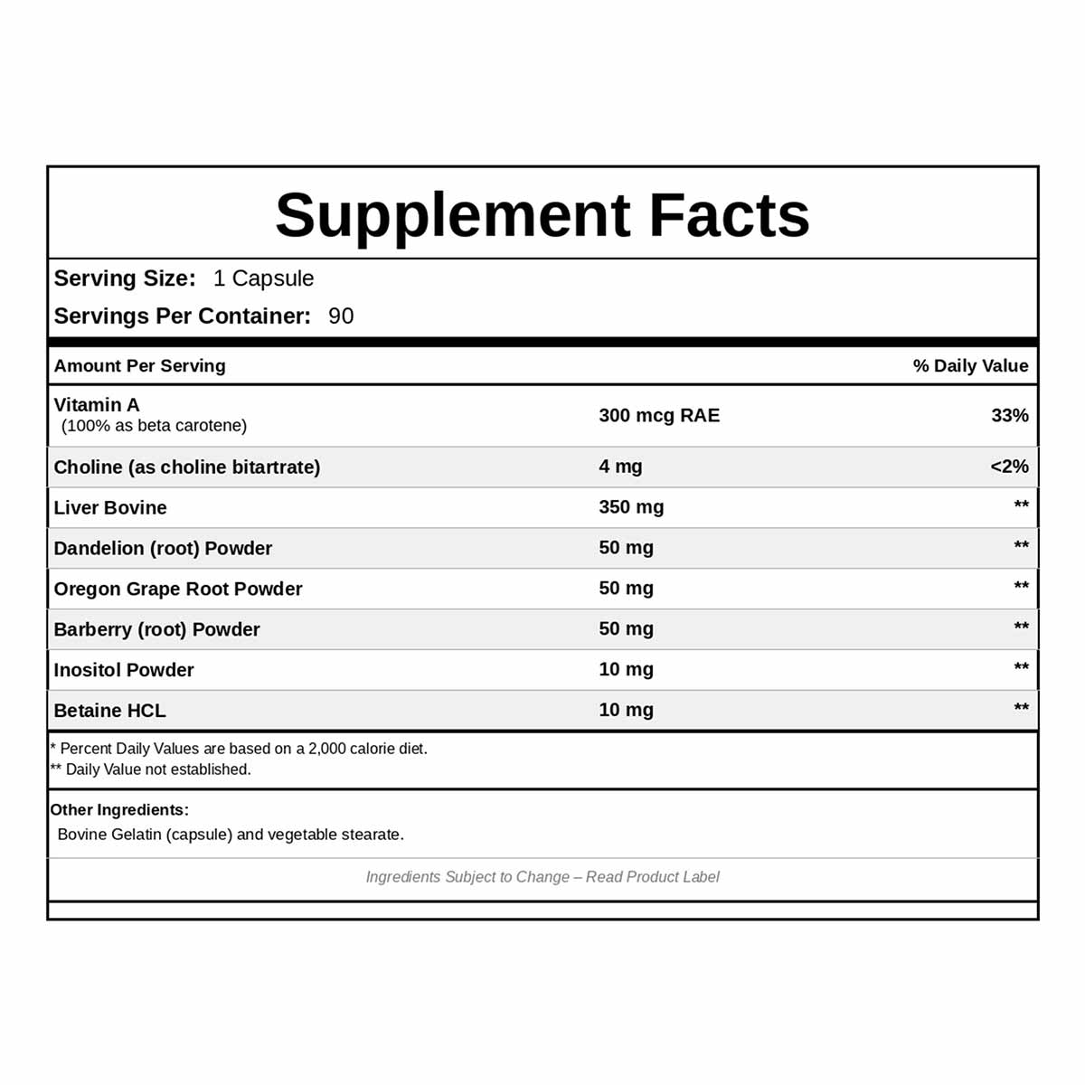 Supplement Facts label for Hepachol showing serving size of 1 capsule, 90 servings per container, with ingredients including 