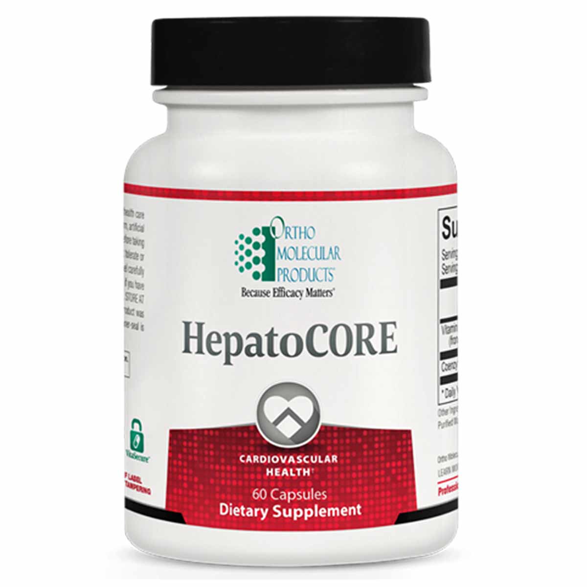 HepatoCORE bottle with black cap, white label with red band, 60 capsules, dietary supplement by Ortho Molecular Products.