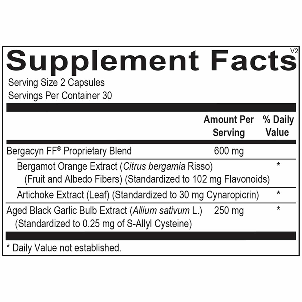 Supplement Facts label showing serving size of 2 capsules, 30 servings per container, with Bergacyn FF proprietary blend and 