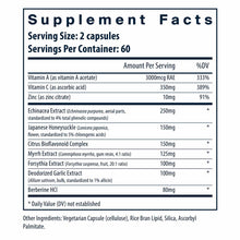 Supplement Facts label for Herbal Biotic capsules listing vitamins, herbal extracts, and serving information.