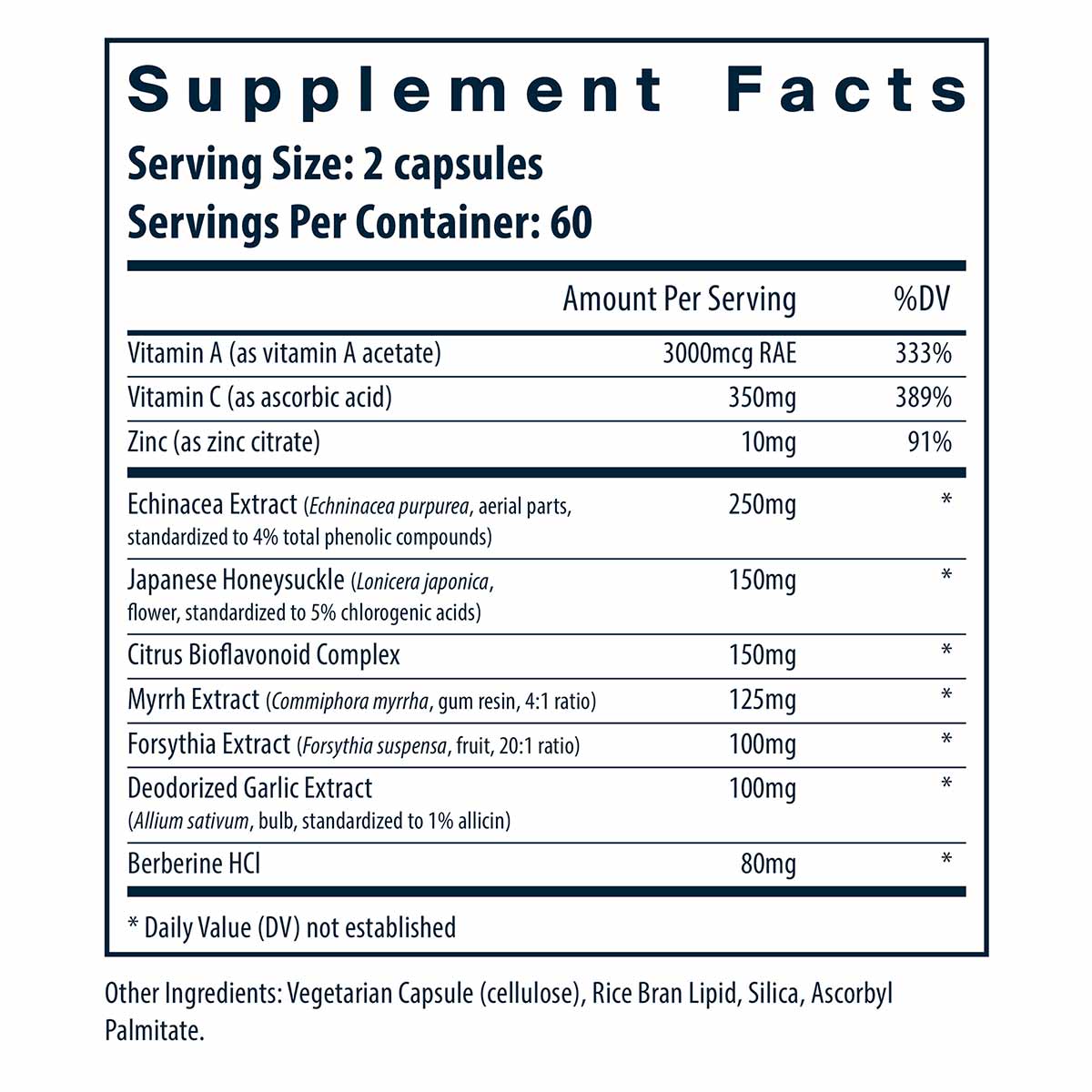 Supplement Facts label for Herbal Biotic capsules listing vitamins, herbal extracts, and serving information.