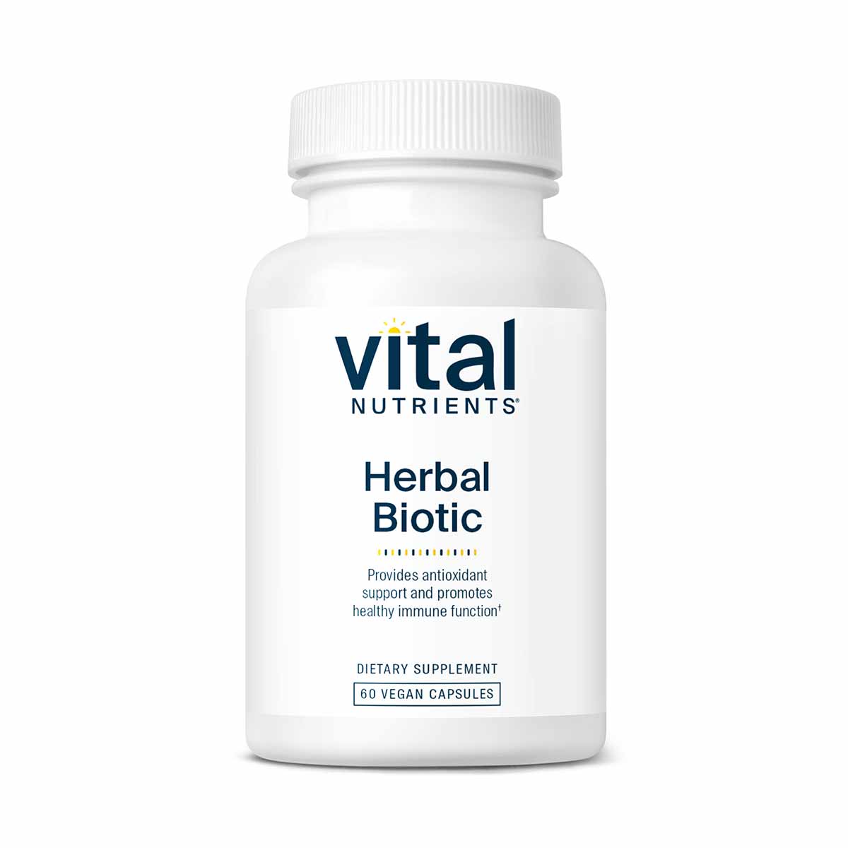 White supplement bottle with white cap labeled "Vital Nutrients Herbal Biotic" containing 60 vegan capsules.