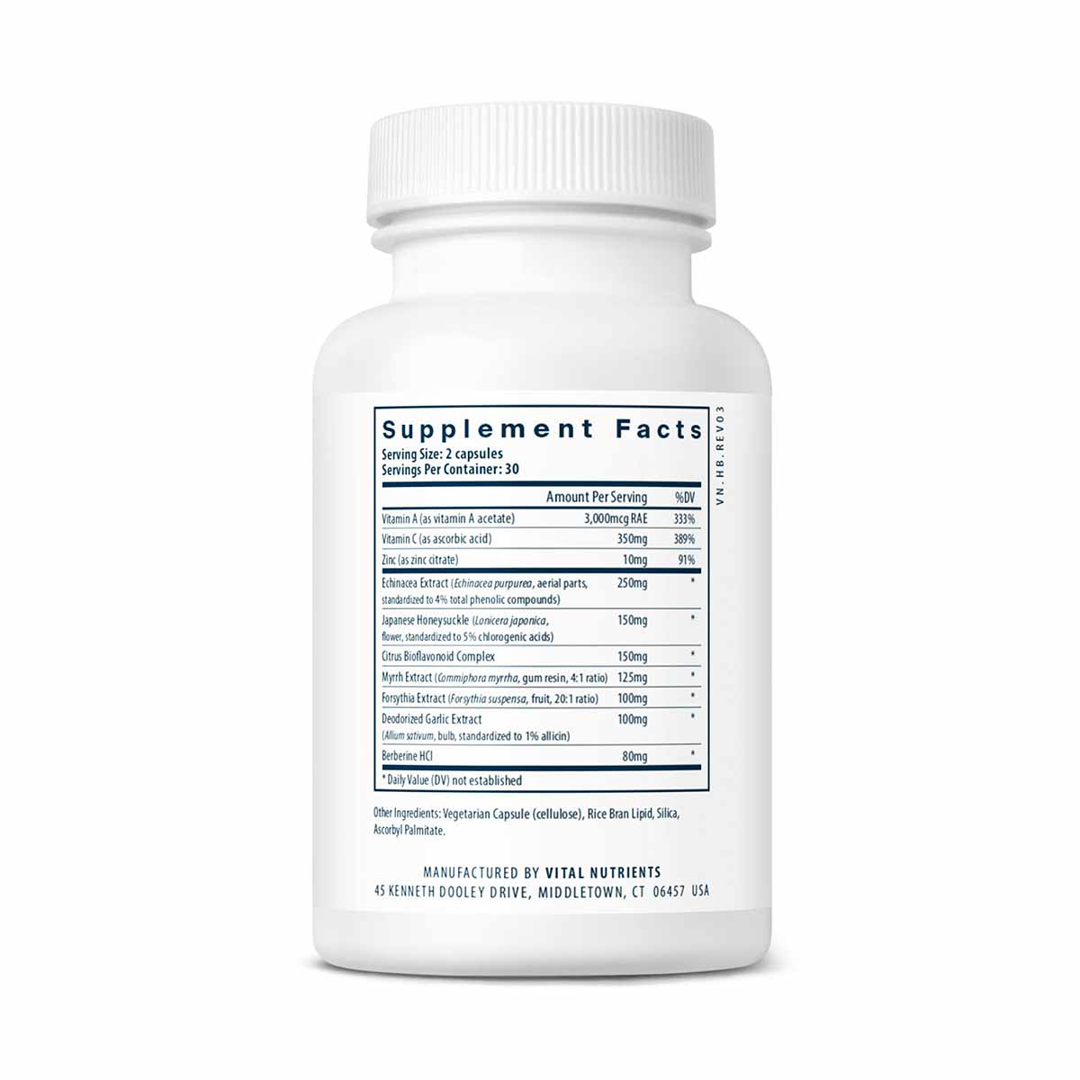 White supplement bottle with white cap and label showing supplement facts for Herbal Biotic by Vital Nutrients.