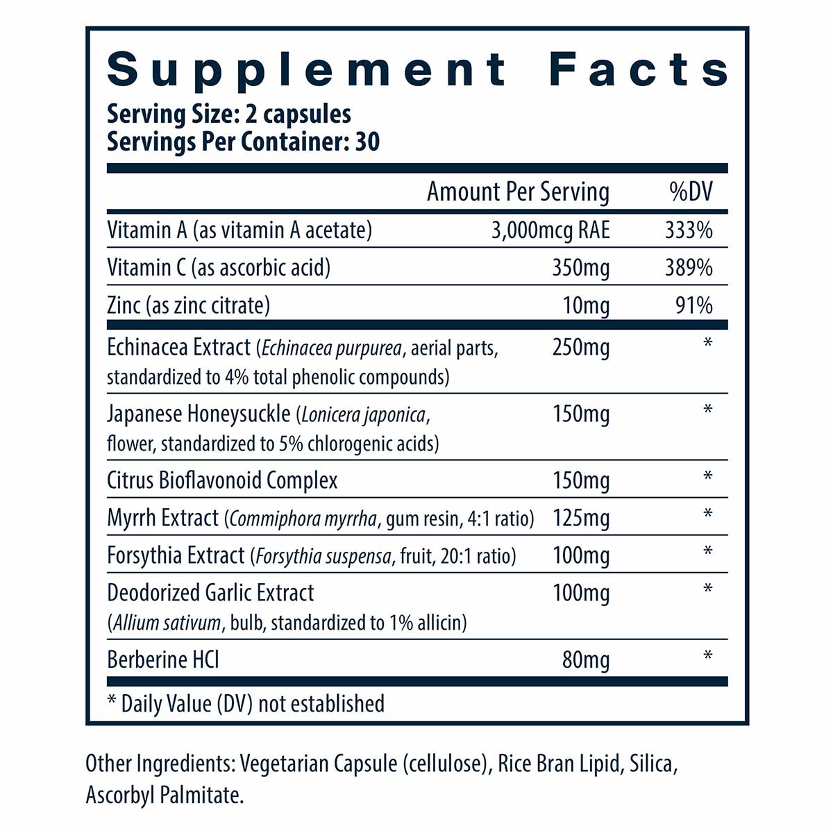 Supplement Facts label for Herbal Biotic capsules listing vitamins, minerals, and herbal extracts including echinacea, garlic