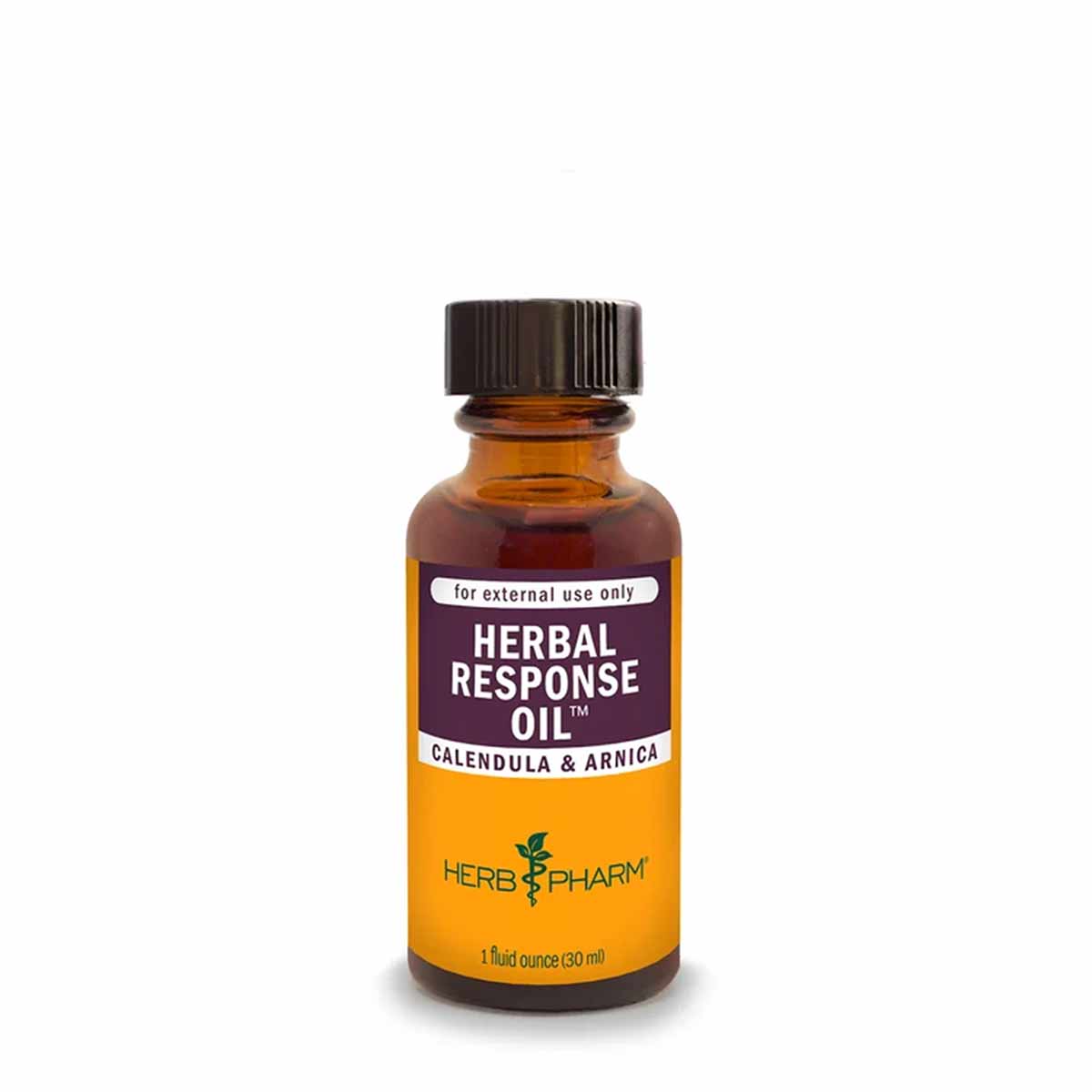 Amber glass bottle of Herb Pharm Herbal Response Oil with black cap, labeled for external use, containing calendula and arnic