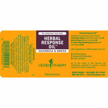 Herb Pharm Herbal Response Oil label with calendula and arnica, 1 fluid ounce bottle.