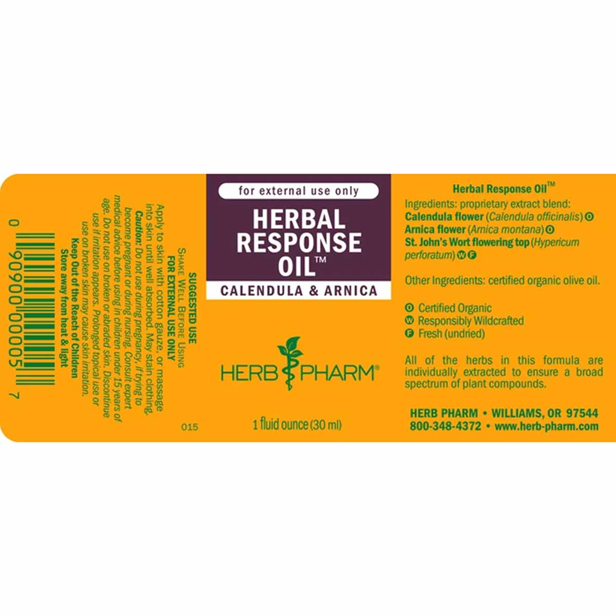 Herb Pharm Herbal Response Oil label with calendula and arnica, 1 fluid ounce bottle.