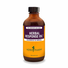 Amber glass bottle of Herbal Response Oil by Herb Pharm with dark cap, labeled for external use, containing calendula and arn