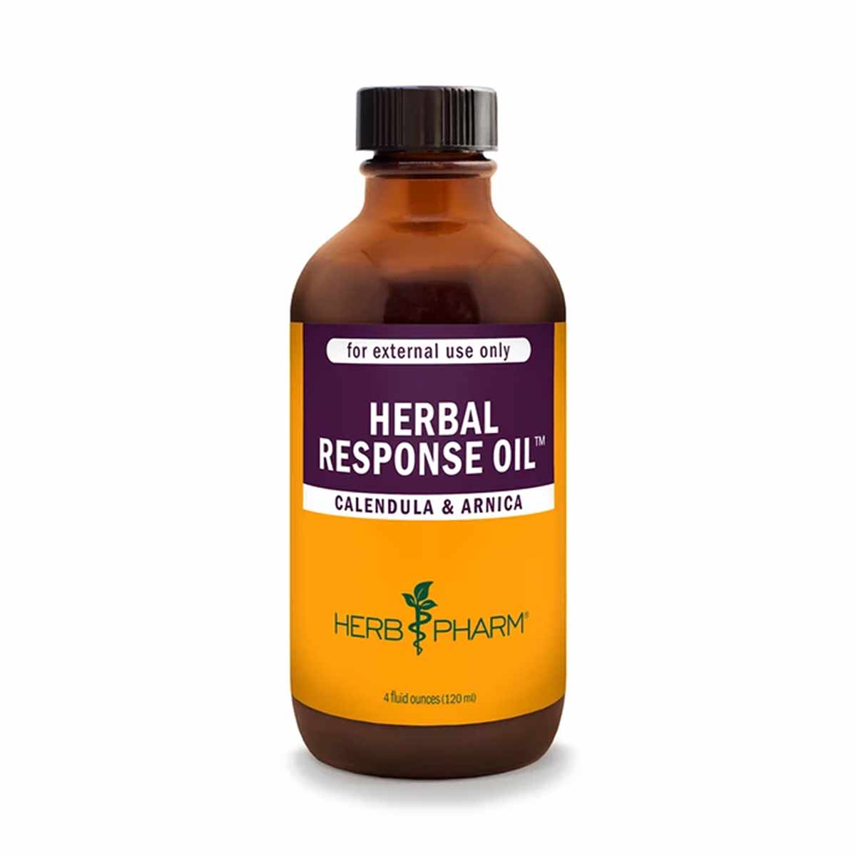 Amber glass bottle of Herbal Response Oil by Herb Pharm with dark cap, labeled for external use, containing calendula and arn