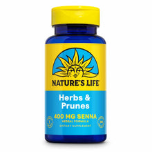 Blue supplement bottle with yellow cap and label featuring Nature's Life sun logo and "Herbs & Prunes 400 MG Senna" text.