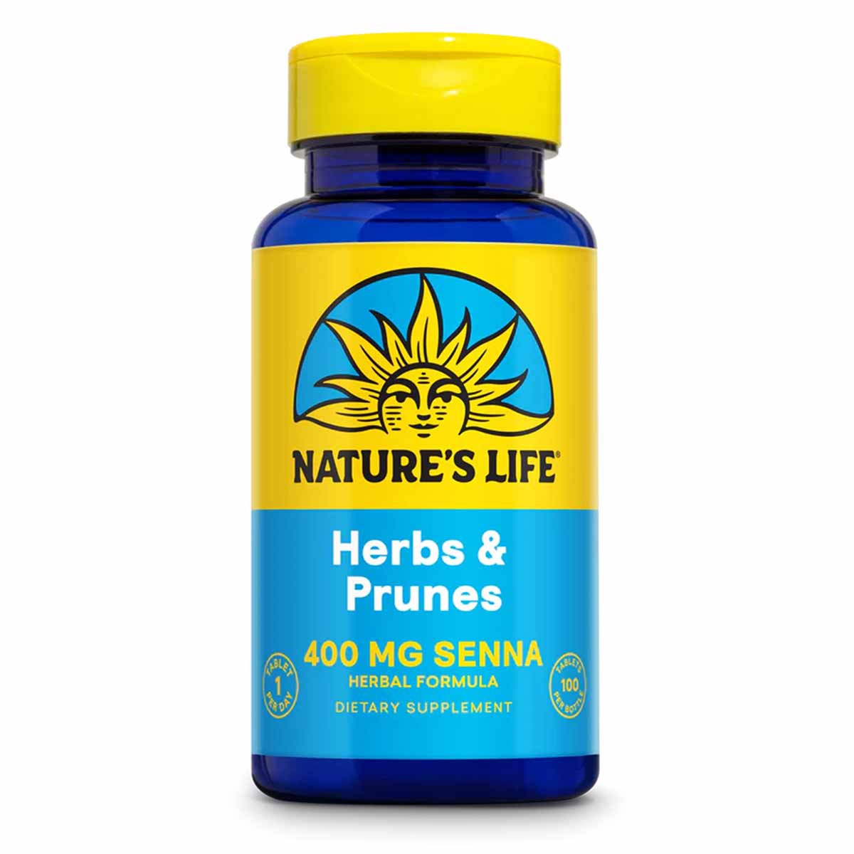 Blue supplement bottle with yellow cap and label featuring Nature's Life sun logo and "Herbs & Prunes 400 MG Senna" text.