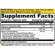 Supplement Facts label for Herbs & Prunes vegetarian tablets showing ingredients including senna leaf, prune fruit powder, an