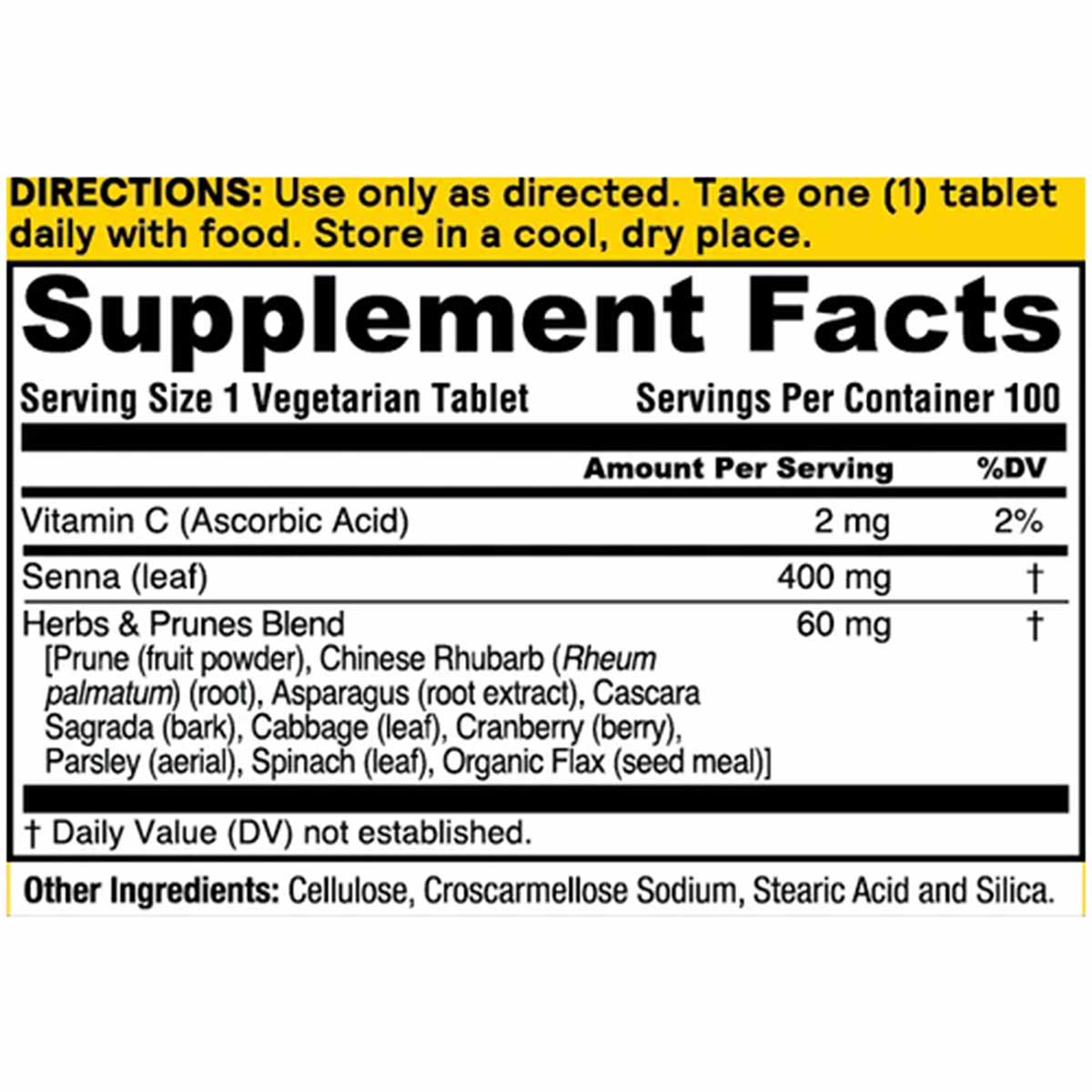 Supplement Facts label for Herbs & Prunes vegetarian tablets showing ingredients including senna leaf, prune fruit powder, an
