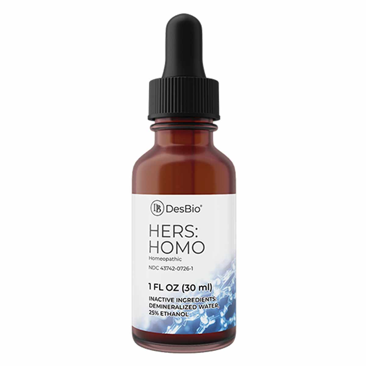 DesBio HERS:HOMO homeopathic liquid supplement in amber glass bottle with black dropper cap, 1 fl oz size.