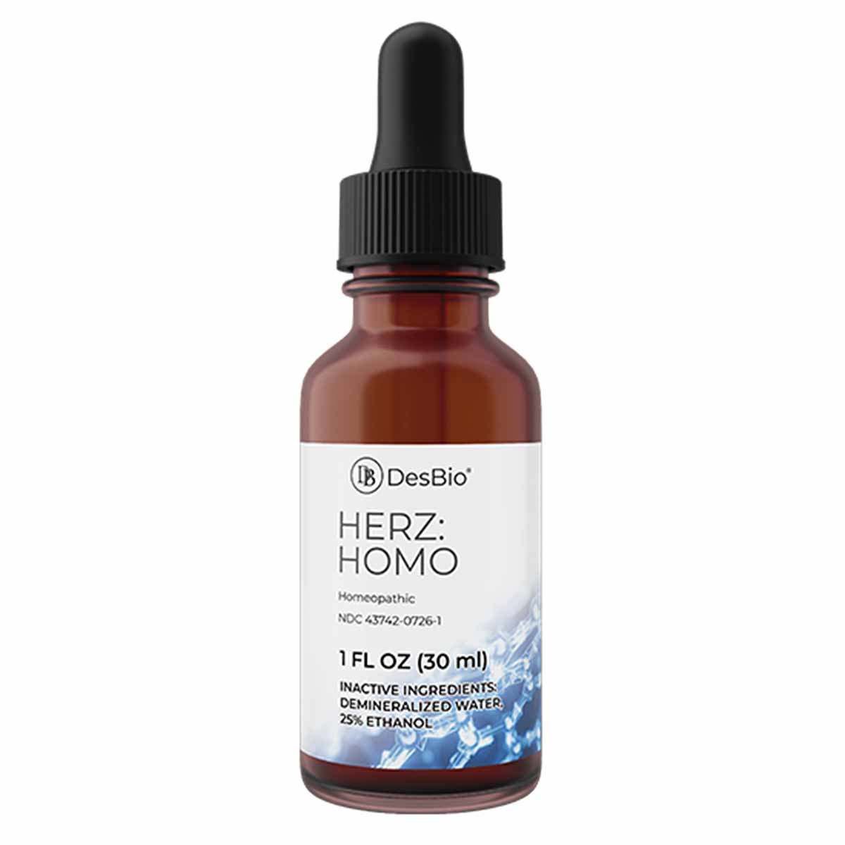 DesBio HERZ:HOMO homeopathic liquid supplement in amber glass bottle with black dropper cap, 1 fl oz size.
