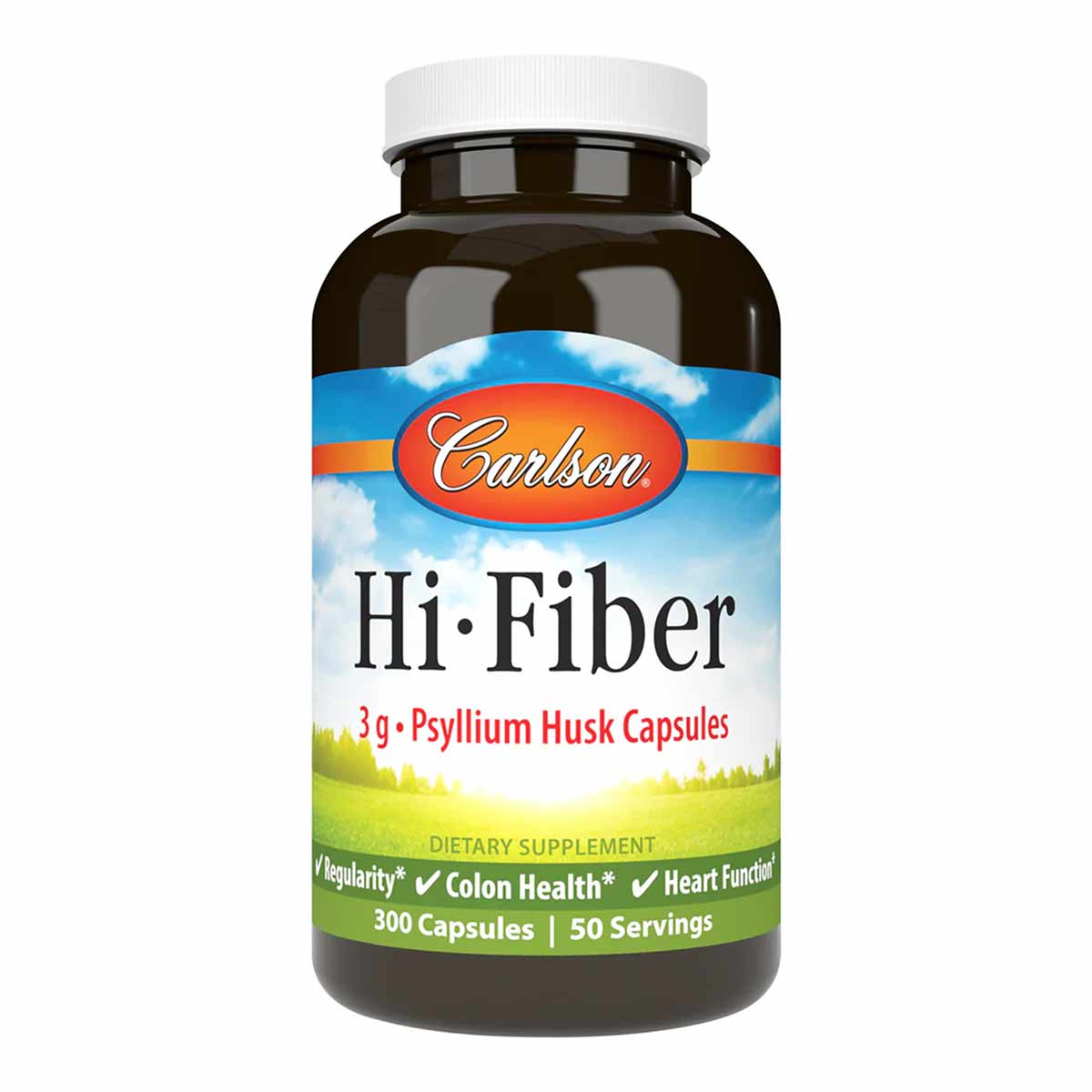 Carlson Labs Hi-Fiber brown bottle with white cap containing 300 psyllium husk capsules.