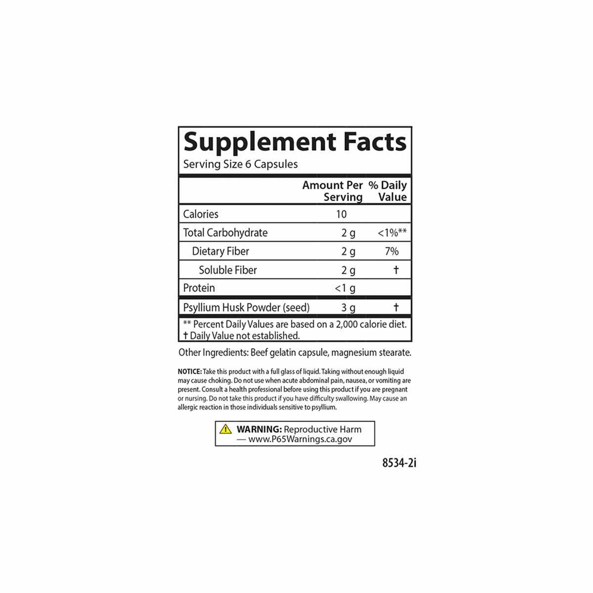 Supplement Facts label for Hi-Fiber capsules showing serving size of 6 capsules with dietary fiber and psyllium husk powder i