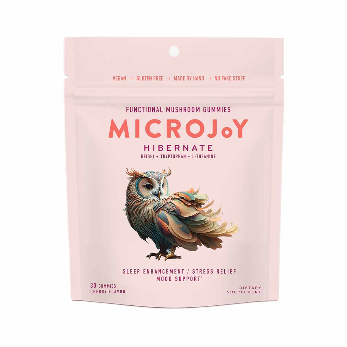 Pink pouch of MicroJoy Hibernate functional mushroom gummies with owl illustration, 30 cherry-flavored gummies.