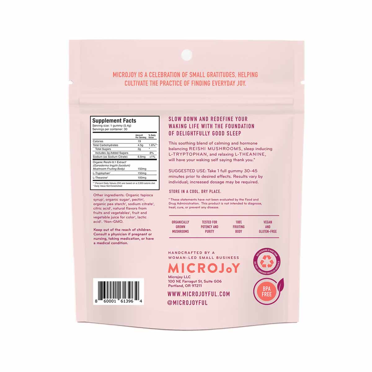 Pink resealable pouch of Hibernate Gummies by MicroJoy with supplement facts label and product information on back.