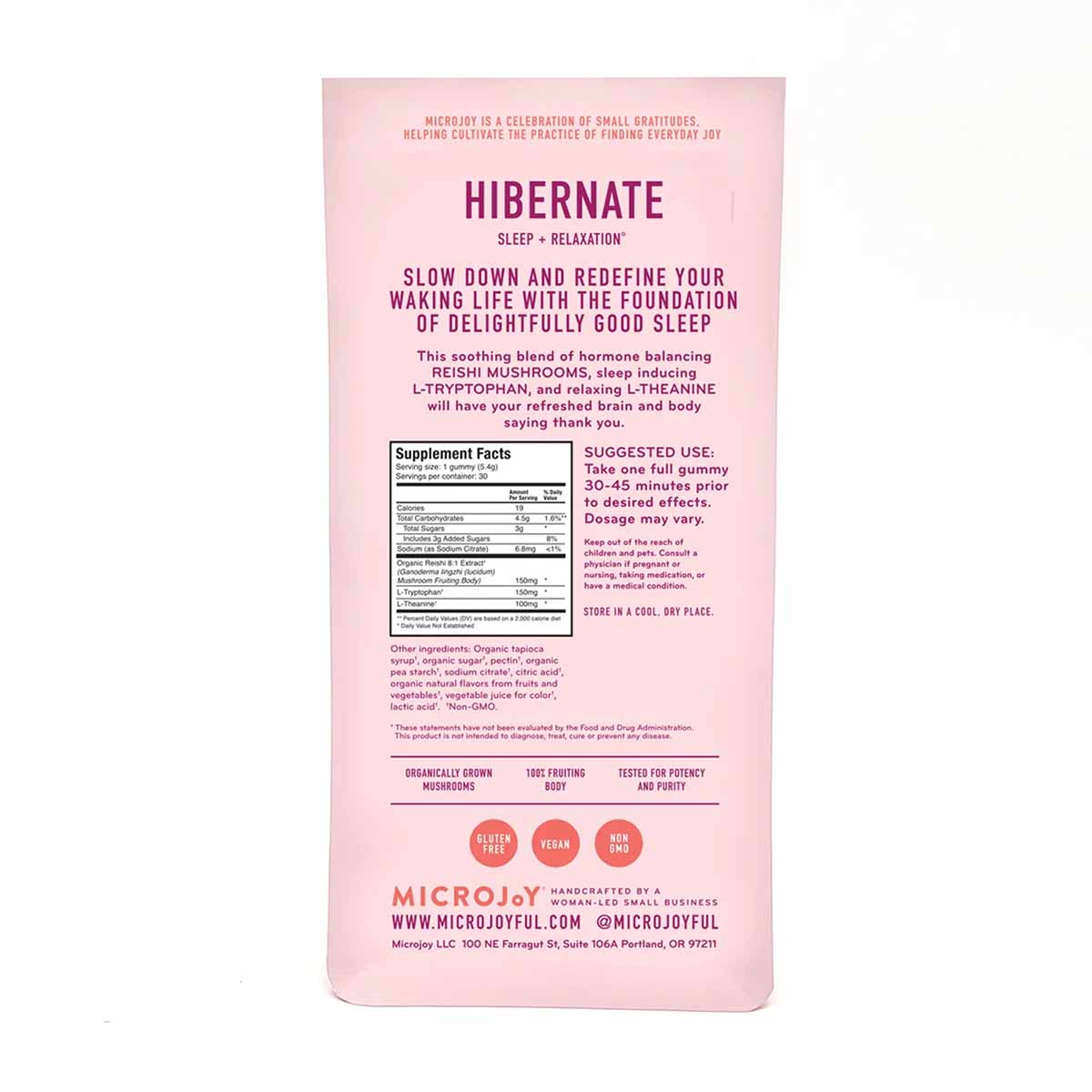 Pink package of Hibernate sleep gummies by MicroJoy with purple text describing ingredients and usage instructions.
