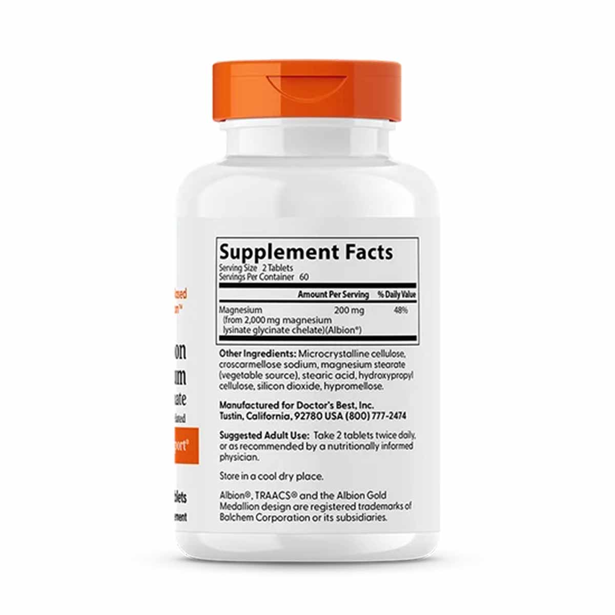 White bottle with orange cap containing magnesium supplement tablets, labeled with supplement facts and Doctor's Best brandin