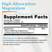 Supplement Facts label showing High Absorption Magnesium with 200 mg magnesium per 2-tablet serving and 60 servings per conta