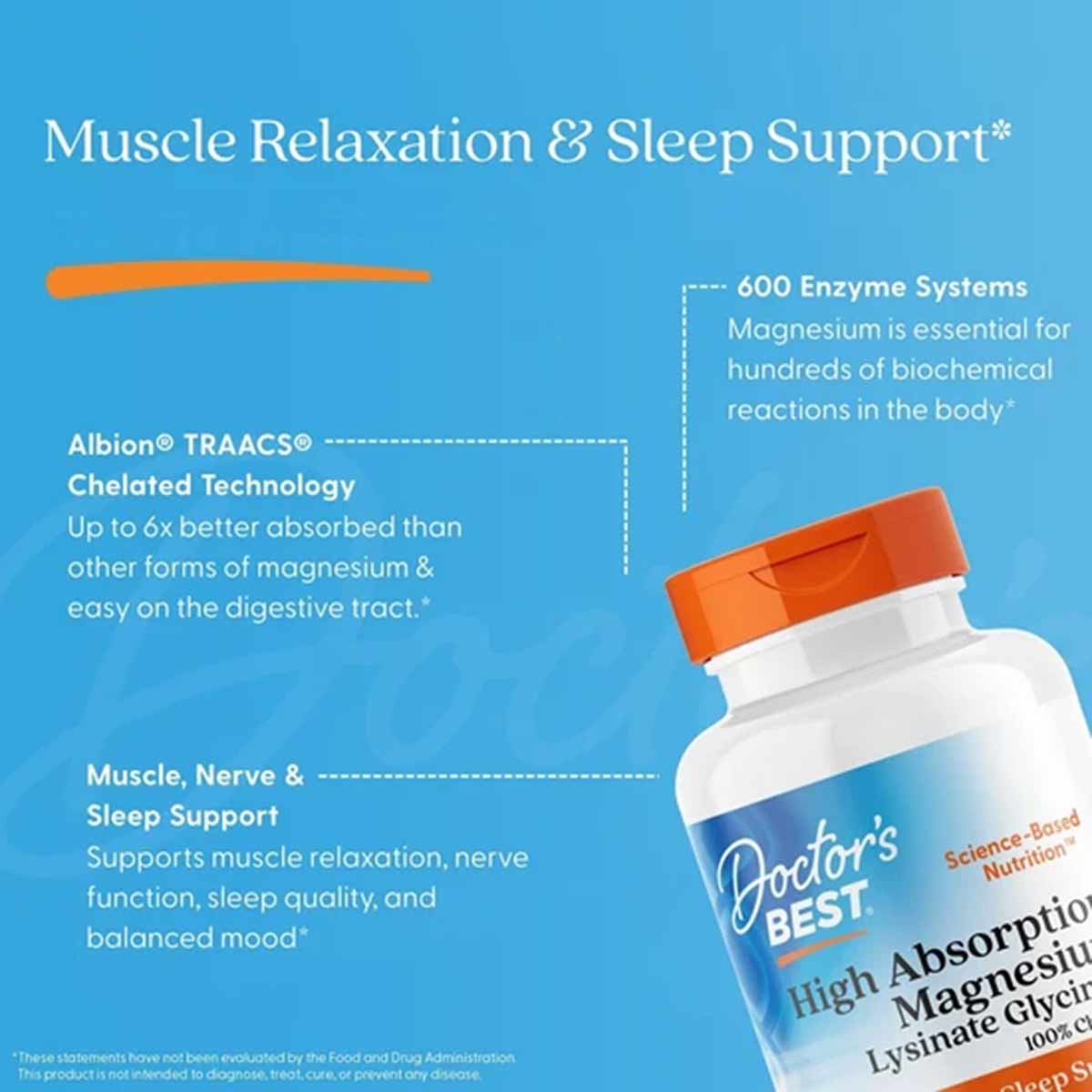 Doctor's Best High Absorption Chelated Magnesium supplement bottle with orange cap on blue background with product informatio