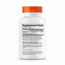 White bottle with orange cap containing magnesium supplement tablets, labeled with supplement facts and Doctor's Best brandin
