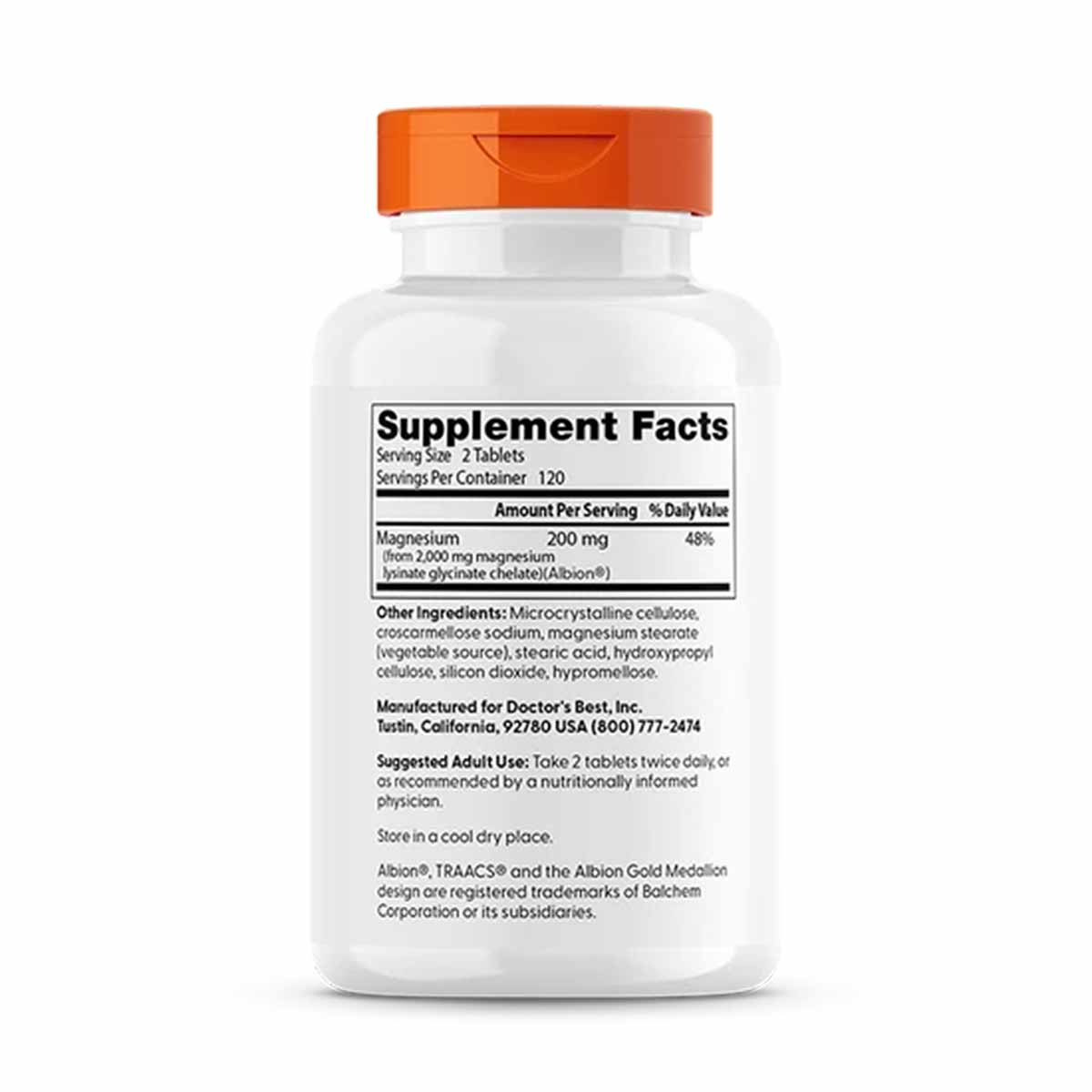 White bottle with orange cap containing magnesium supplement tablets, labeled with supplement facts and Doctor's Best brandin