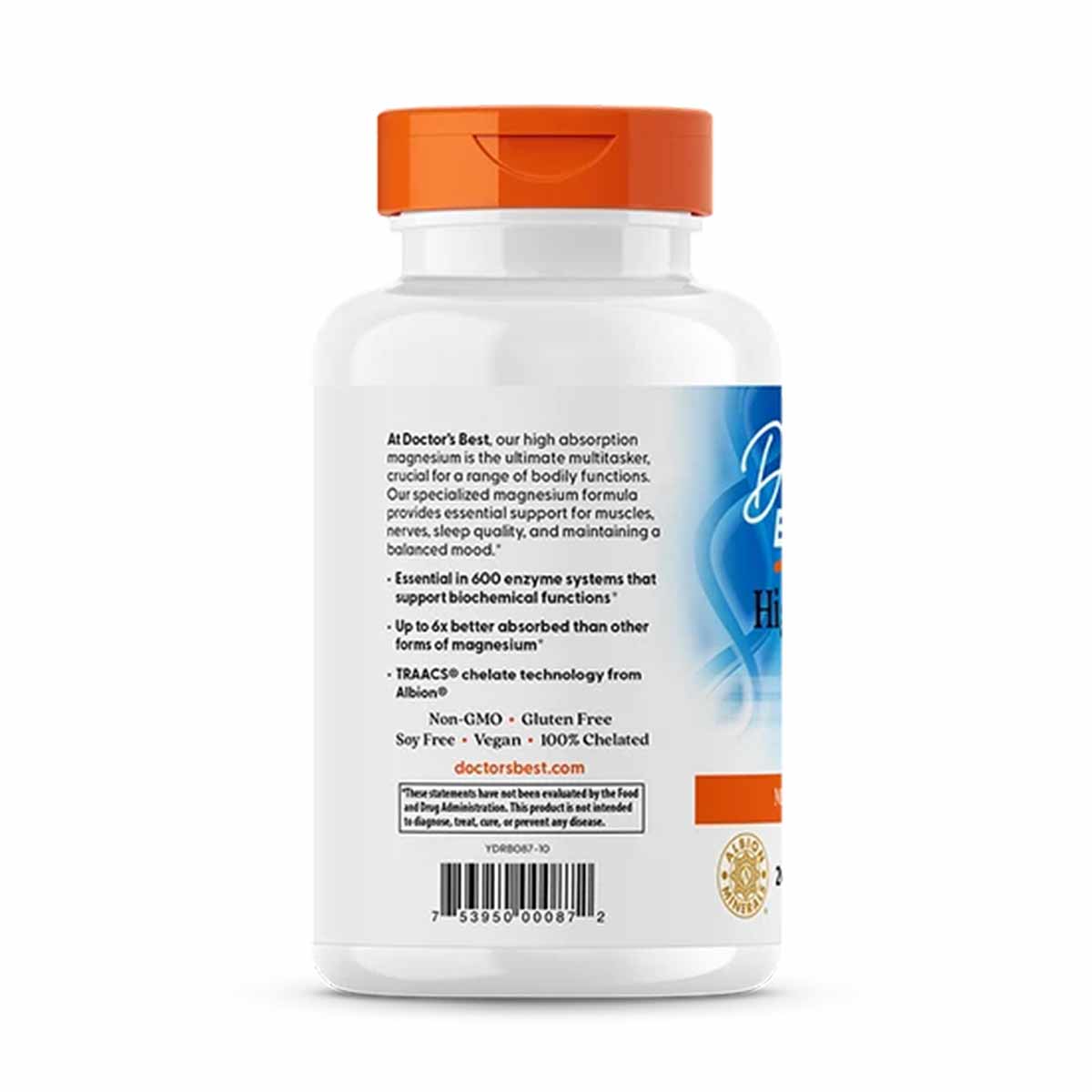 White supplement bottle with orange cap containing Doctor's Best chelated magnesium tablets.
