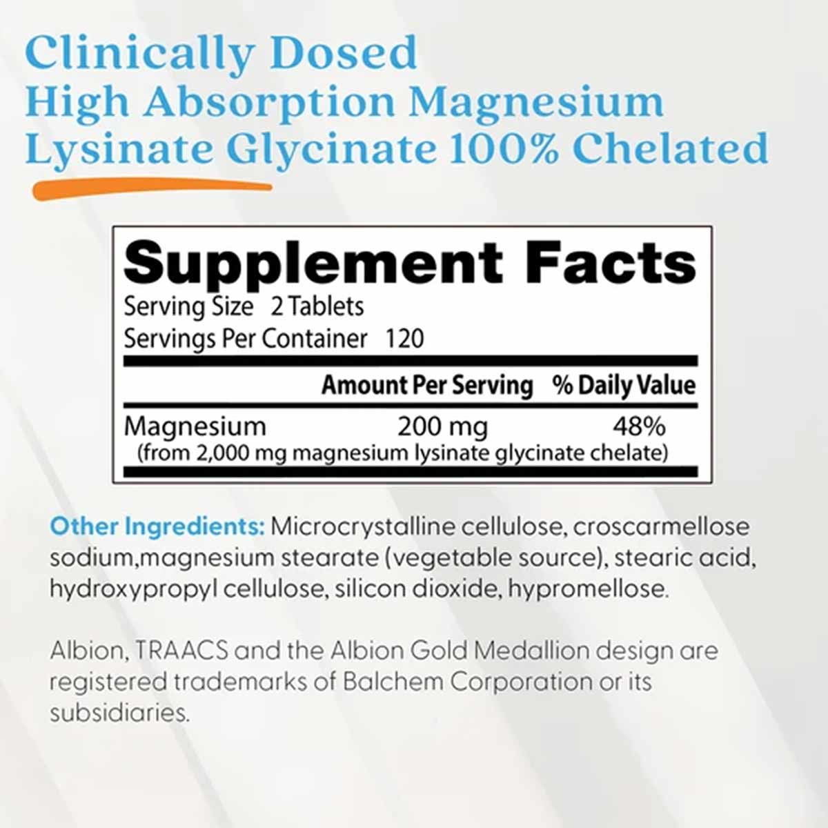 Doctors Best magnesium supplement label showing product name, supplement facts with 200mg magnesium per serving, and ingredie