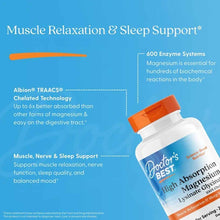 White and blue Doctor's Best magnesium supplement bottle with orange cap against blue background with product information tex