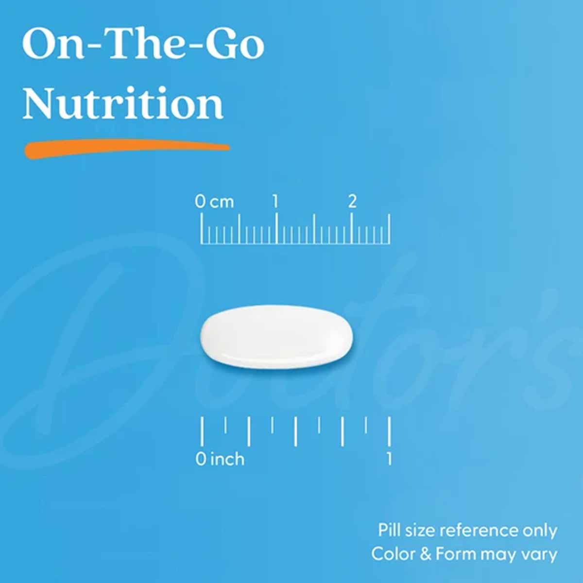 White oval tablet shown with metric and imperial size reference rulers on blue background.